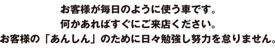 お客様が毎日のように使う車です。何かあればすぐにご来店ください。お客様の「あんしん」のために日々勉強し努力を怠りません。